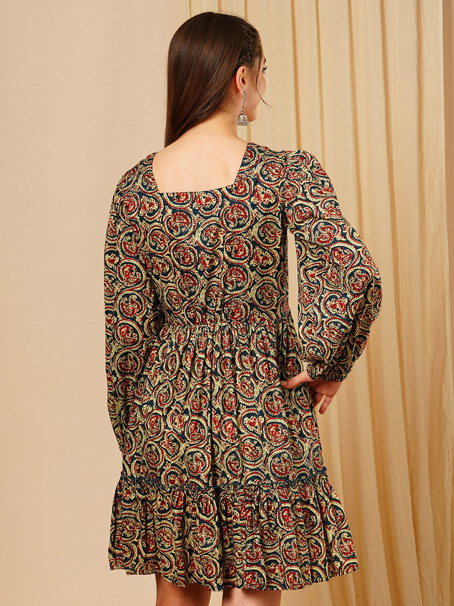 Multi Square Neck Ethnic Motifs Fusion Mini Dress
