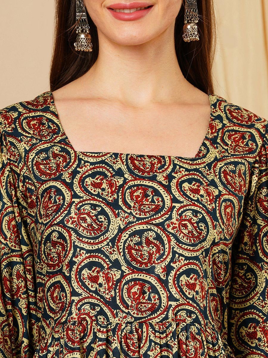 Multi Square Neck Ethnic Motifs Fusion Mini Dress