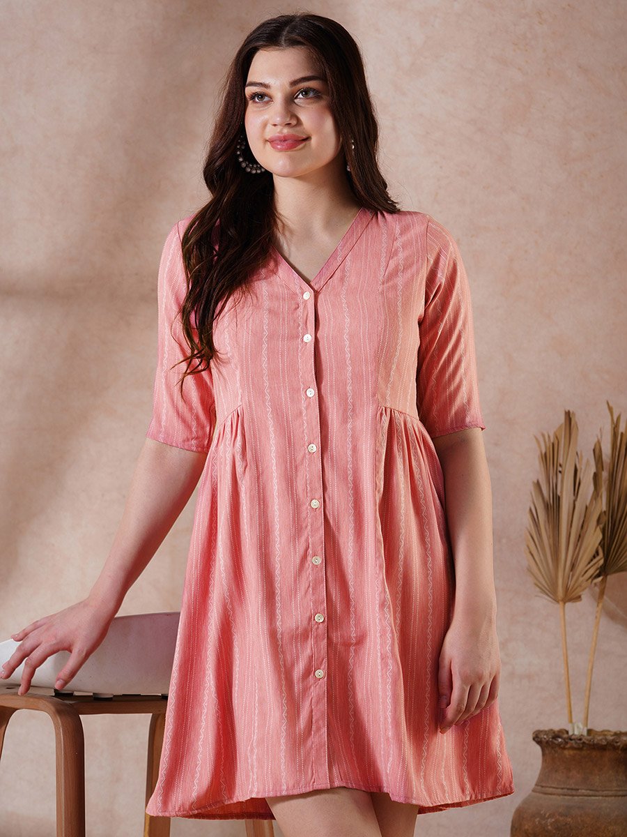 Pink Self Design V Neck Mini Dress