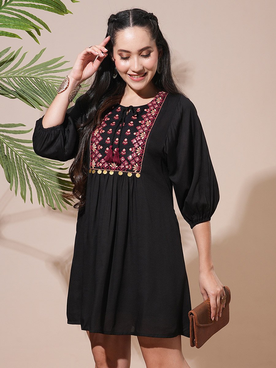 Black Embroidered Yoke Workwear Mini Dress For Women at UAE