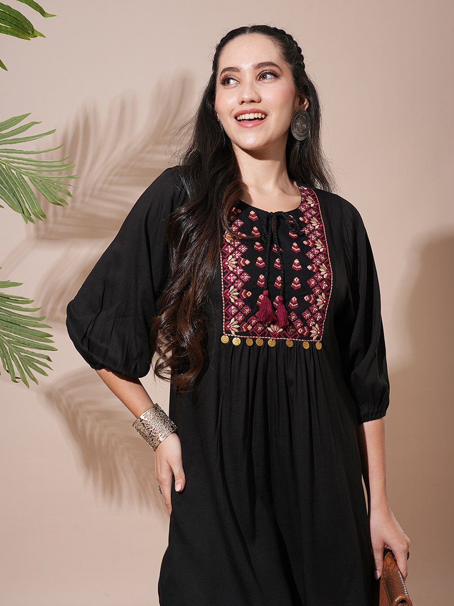 Black Embroidered Yoke Workwear Mini Dress For Women at UAE | Styli