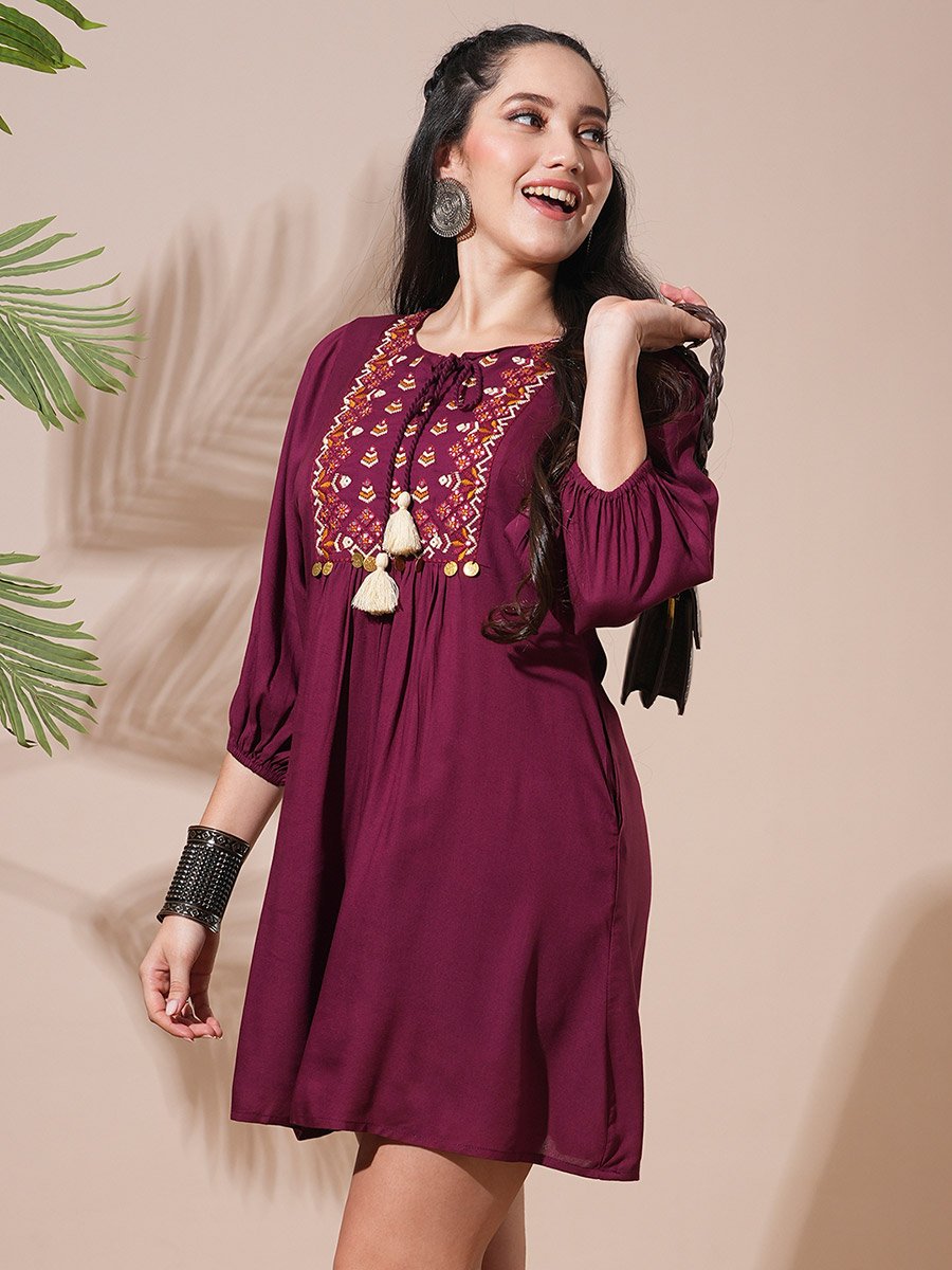 Burgundy Embroidered Yoke Workwear Mini Dress