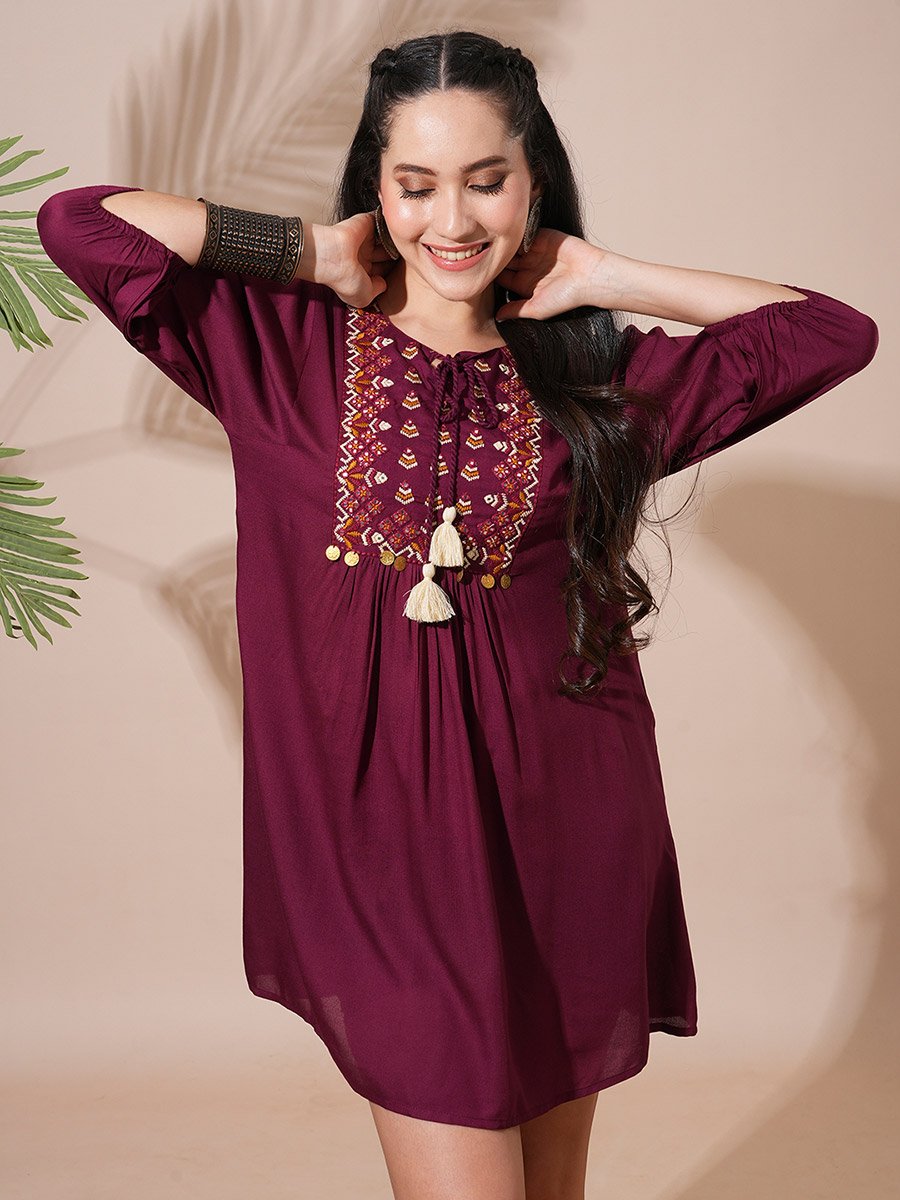 Burgundy Embroidered Yoke Workwear Mini Dress