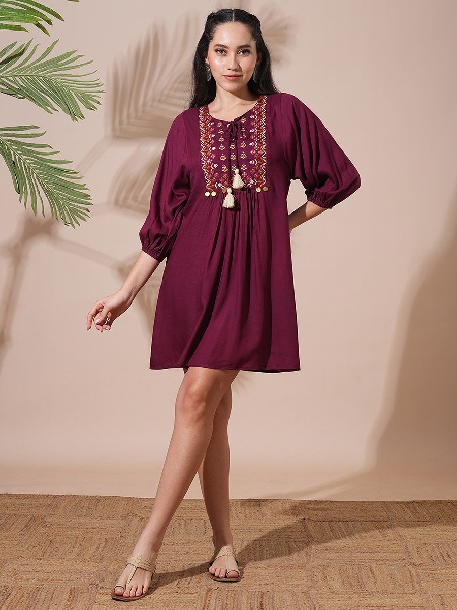 Burgundy Embroidered Yoke Workwear Mini Dress