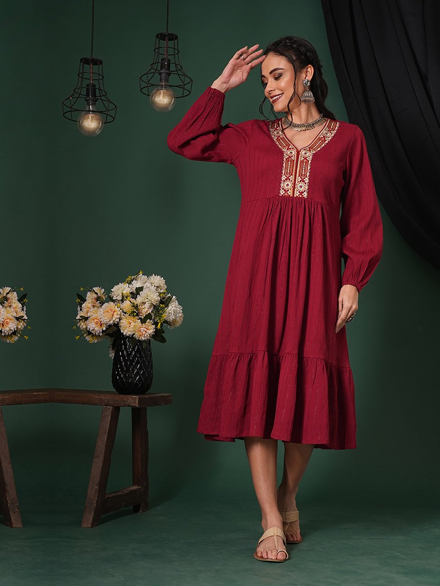 Maroon Embroidered Shimmer Festive Midi Dress
