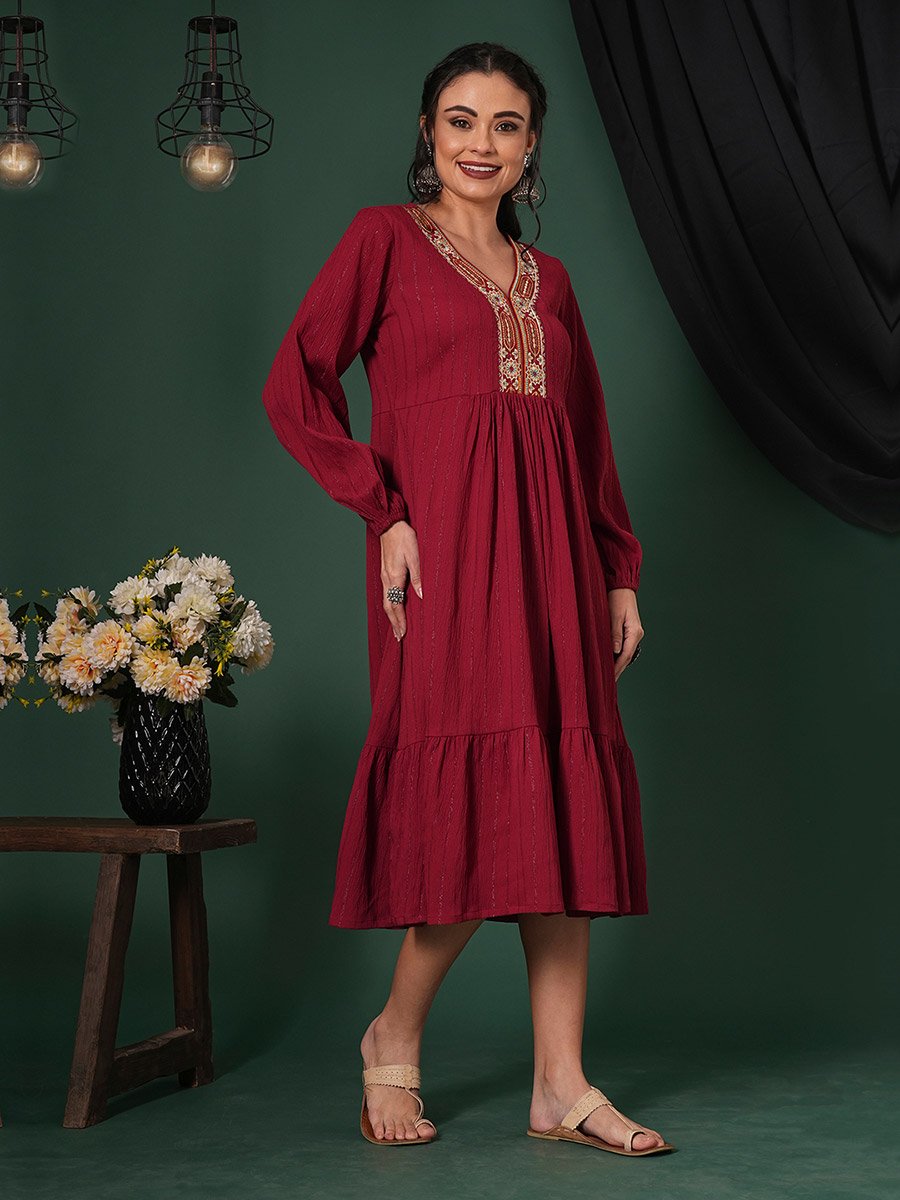 Maroon Embroidered Shimmer Festive Midi Dress