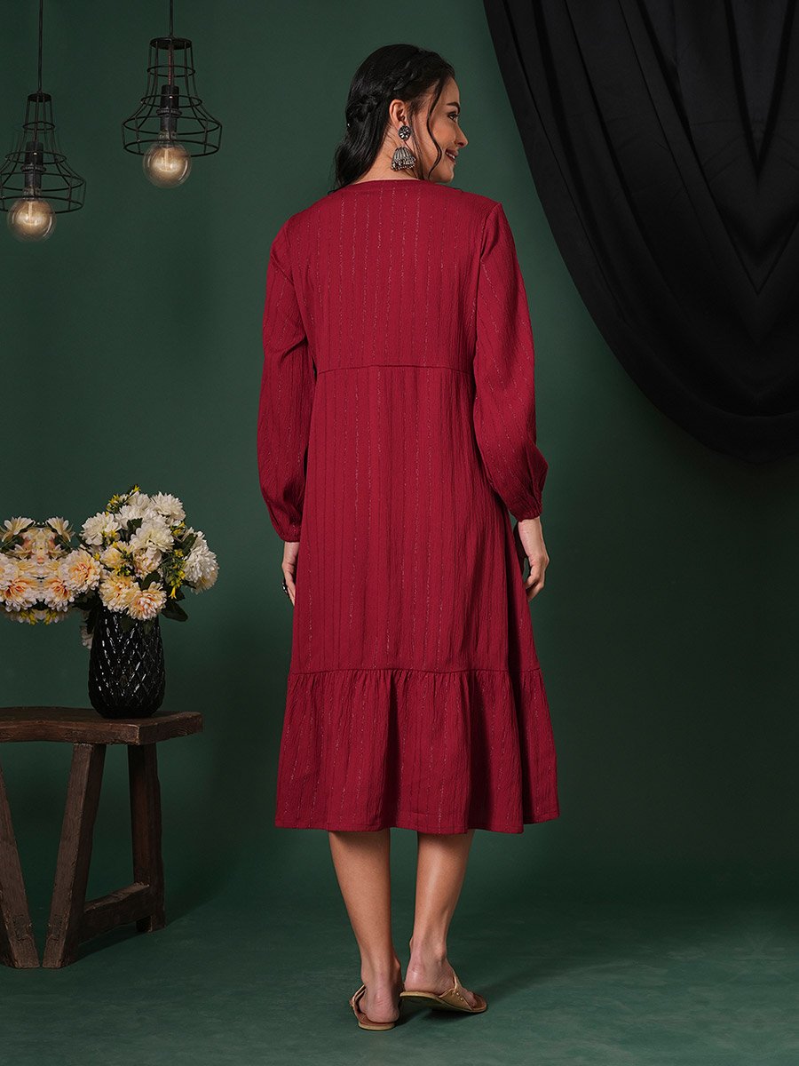 Maroon Embroidered Shimmer Festive Midi Dress