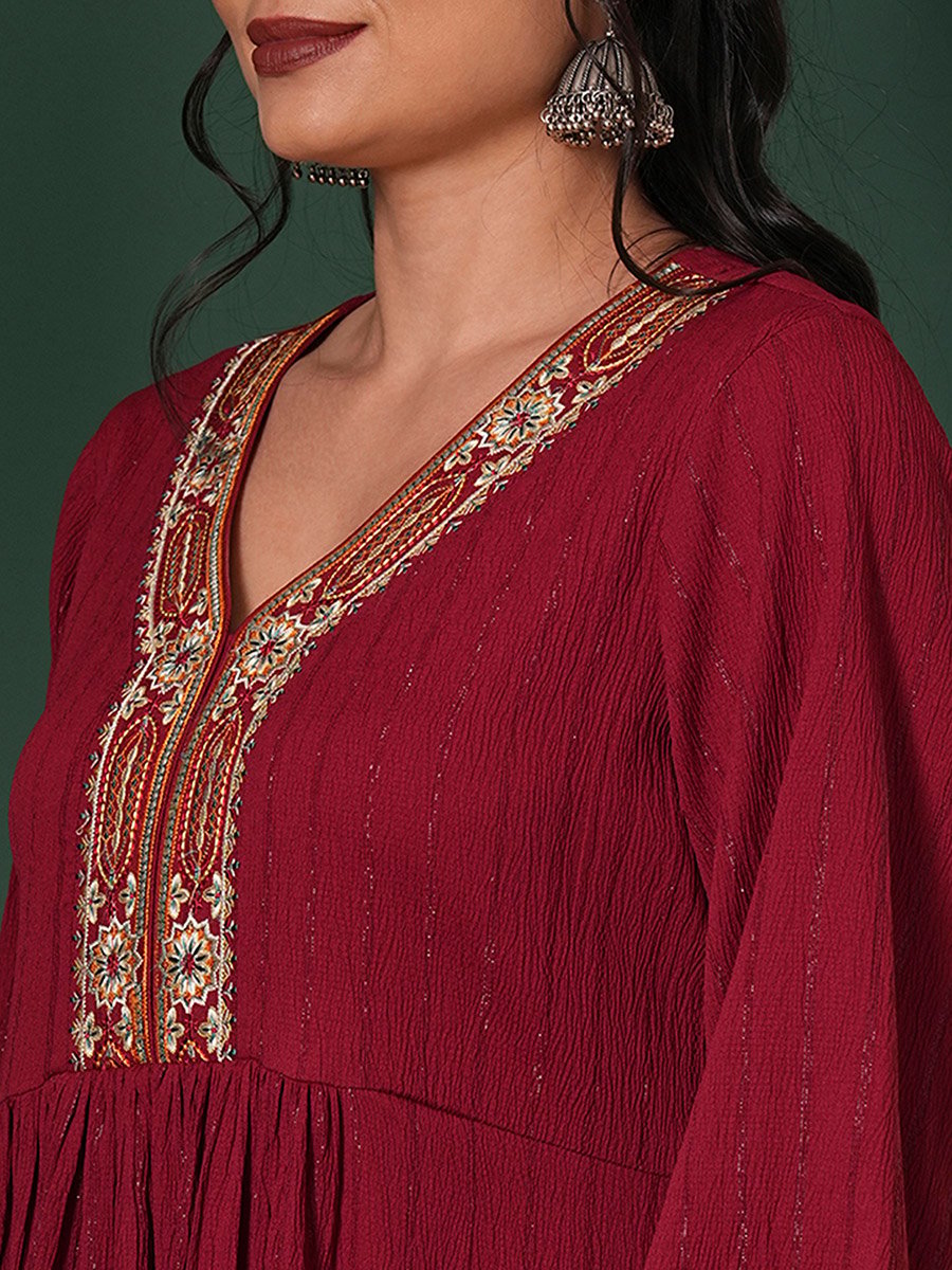 Maroon Embroidered Shimmer Festive Midi Dress