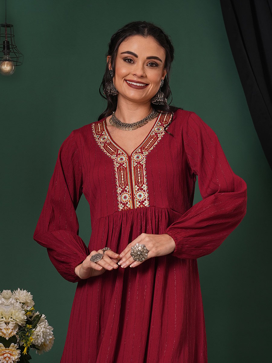 Maroon Embroidered Shimmer Festive Midi Dress