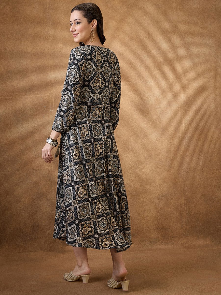 embroidered yoke midi dress Black Embroidered Yoke Ethnic Motif Fusion Midi Dress For Women at Oman