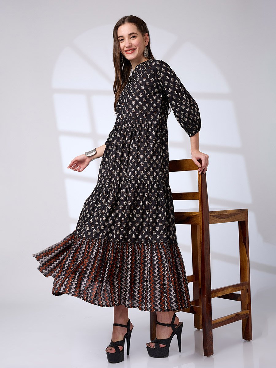 Black Cotton Ethnic Print Workwear Maxi Dress For Women at Bahrain | Styli