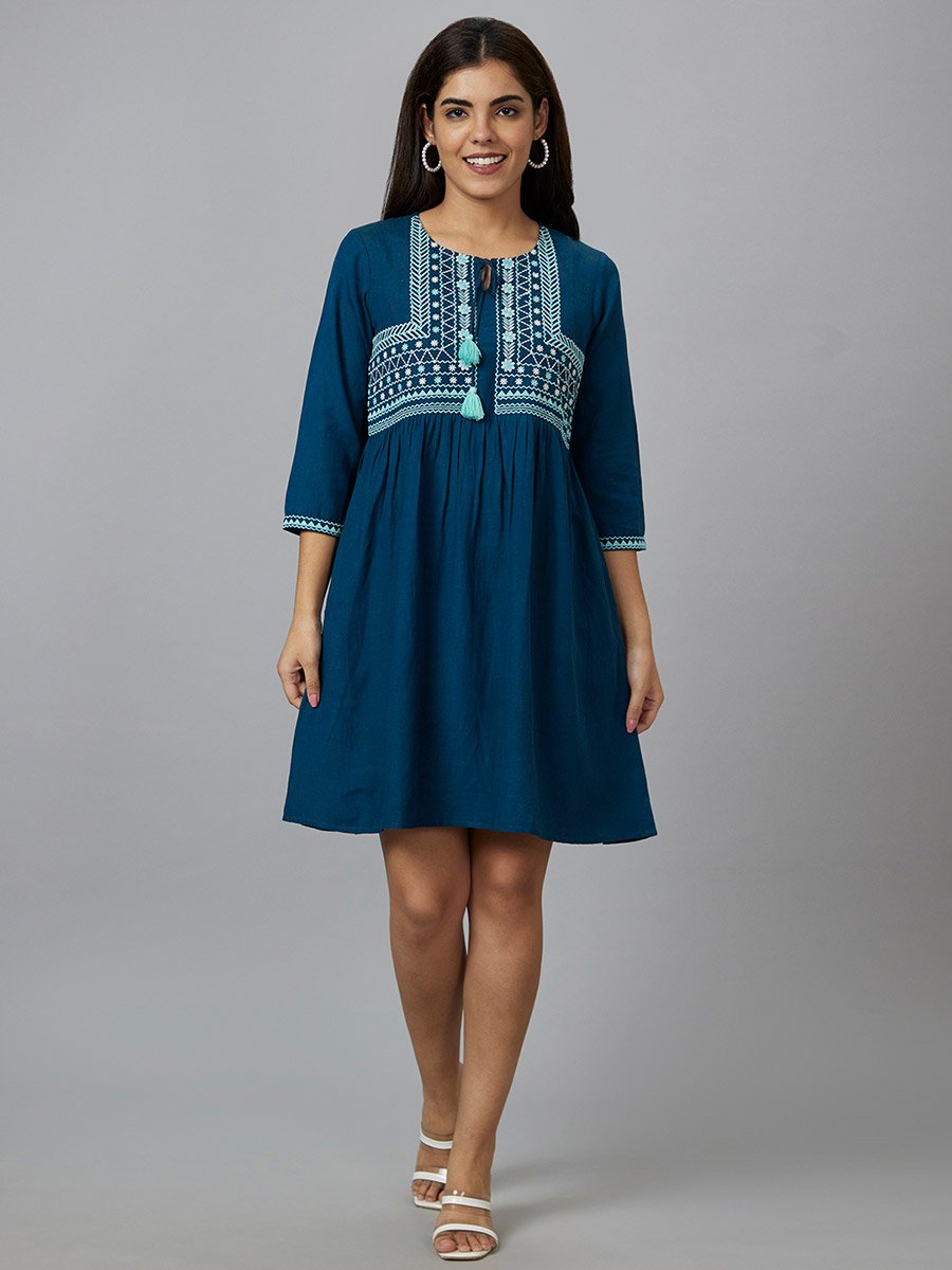 Teal Embroidered Mini Dress