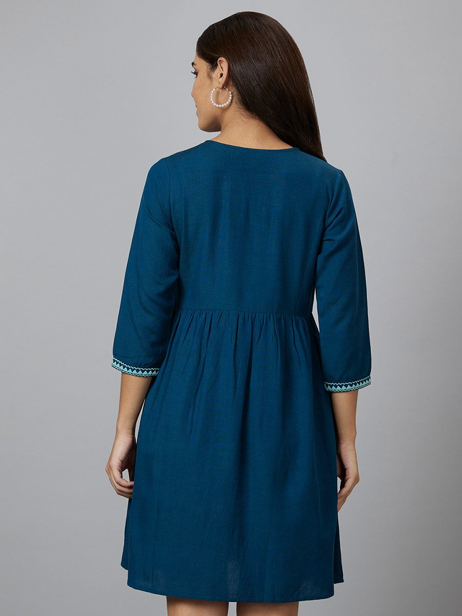 Teal Embroidered Mini Dress