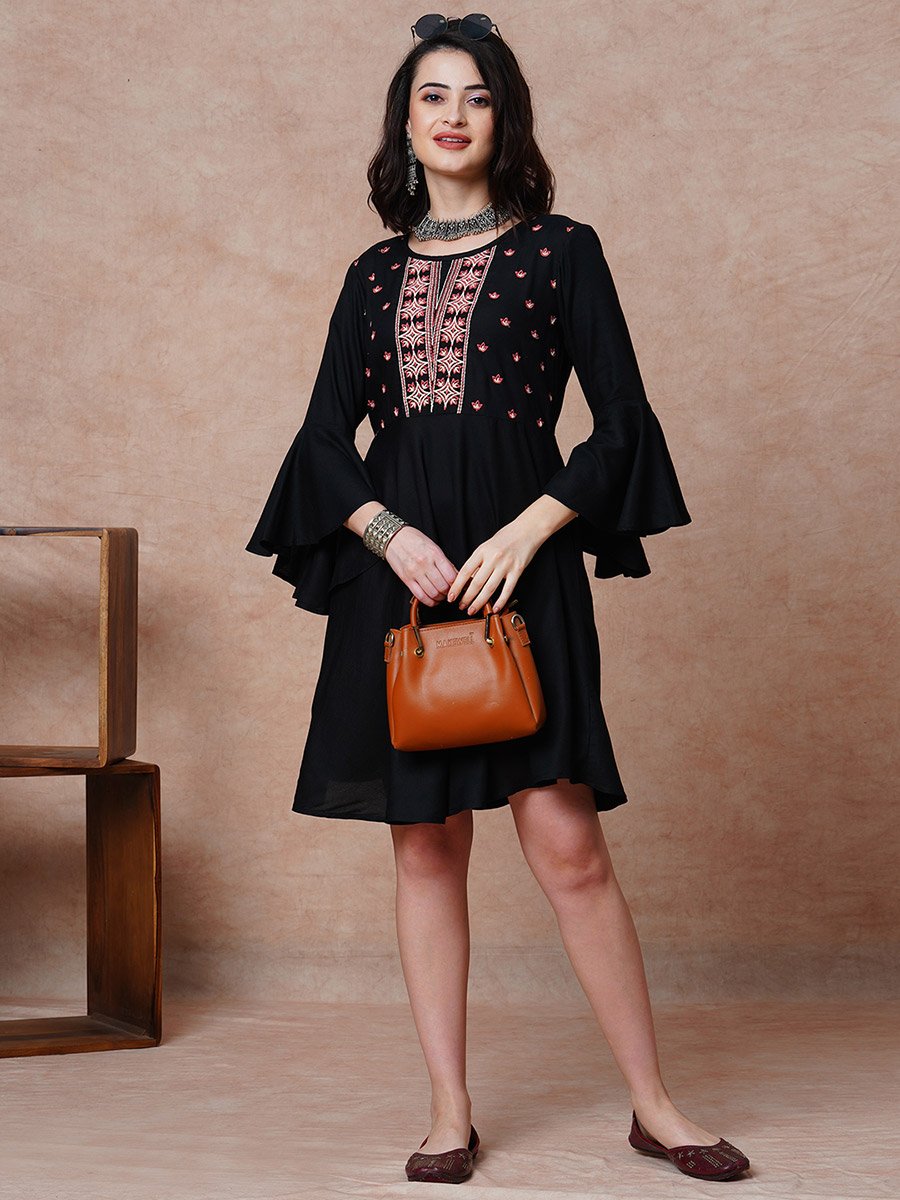 Black Embroidered Yoke Bell Sleeves Mini Dress
