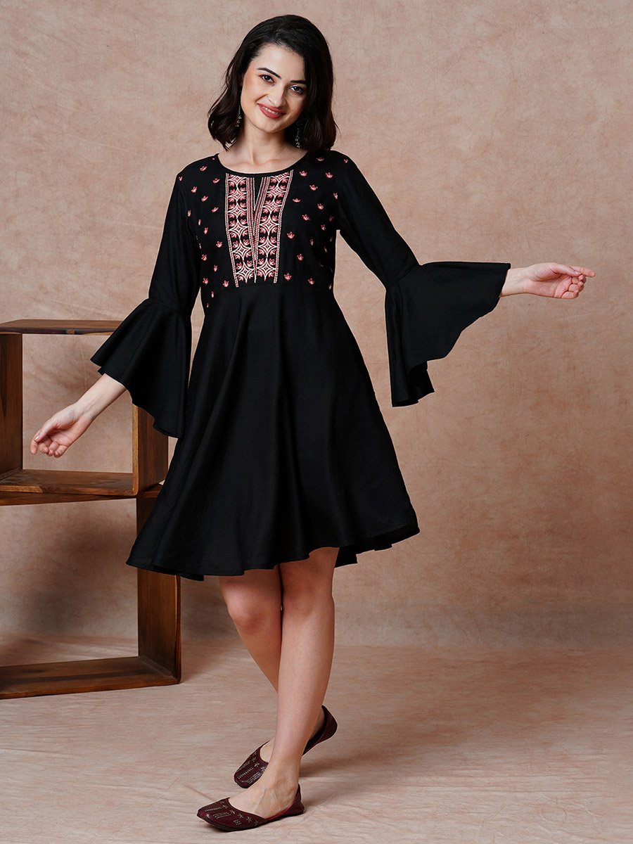 Black Embroidered Yoke Bell Sleeves Mini Dress