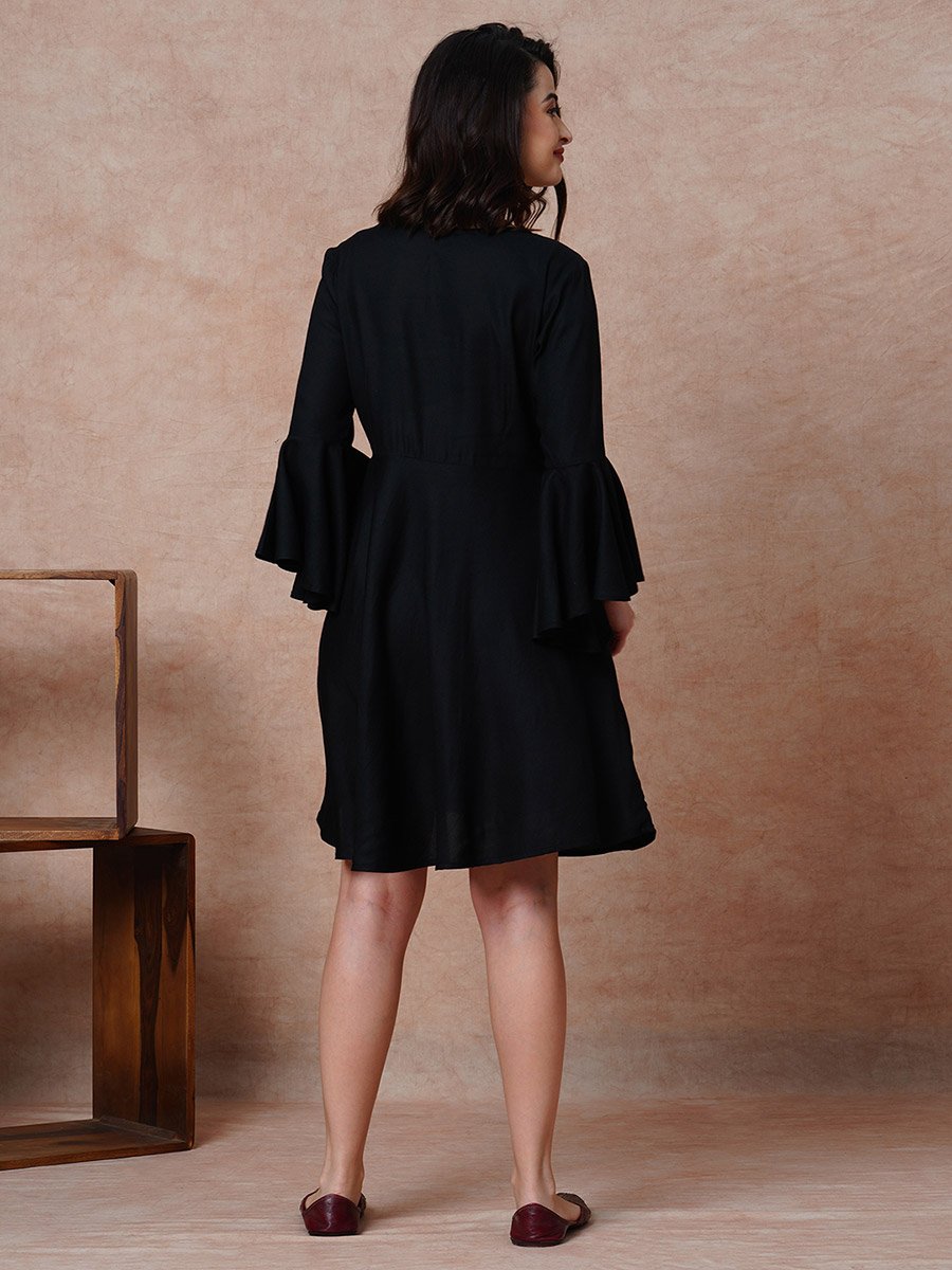 Black Embroidered Yoke Bell Sleeves Mini Dress