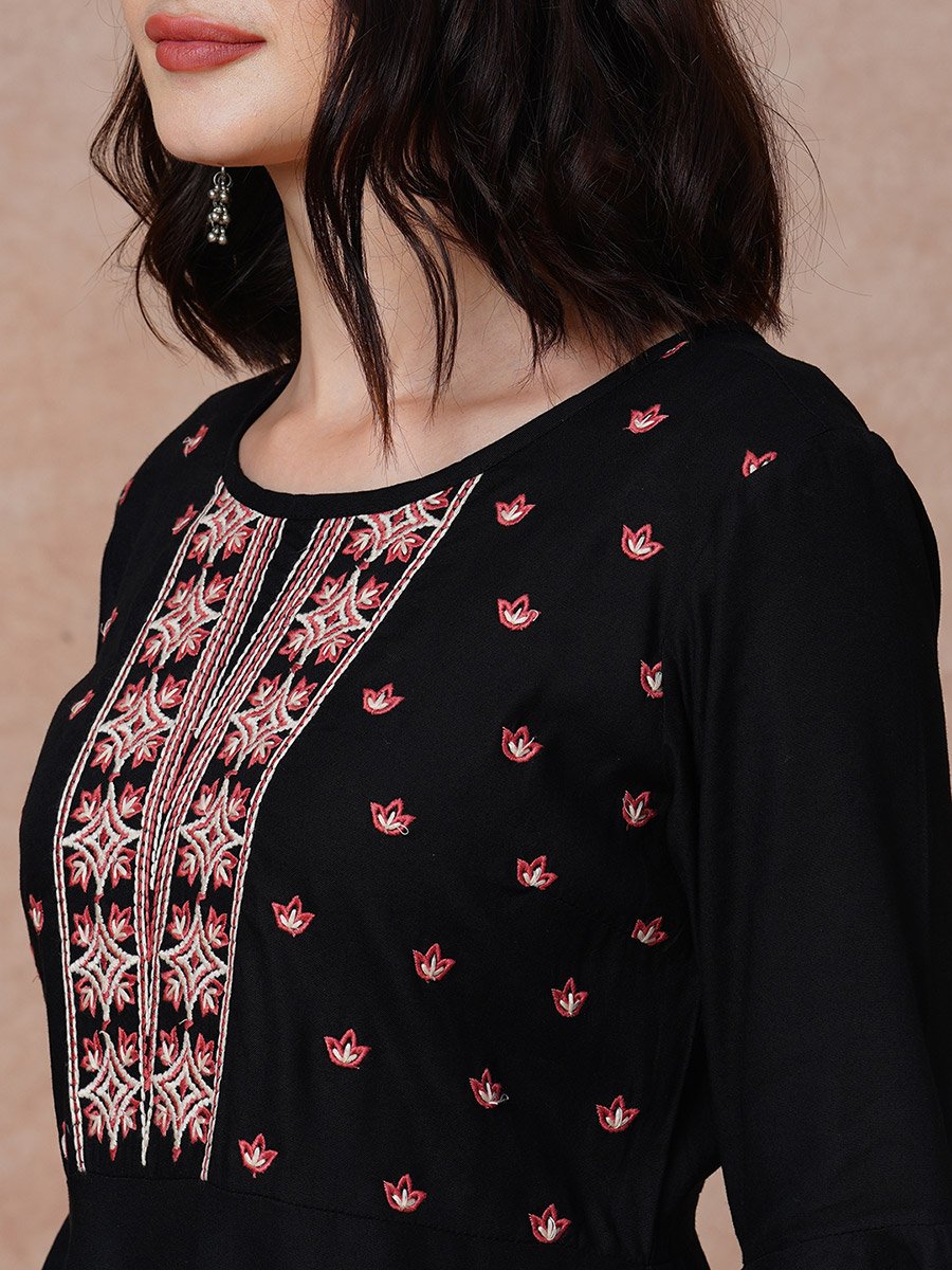Black Embroidered Yoke Bell Sleeves Mini Dress