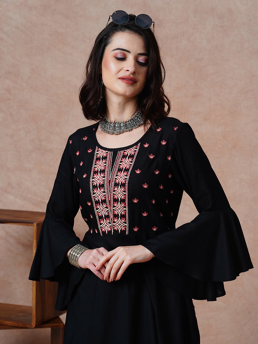 Black Embroidered Yoke Bell Sleeves Mini Dress