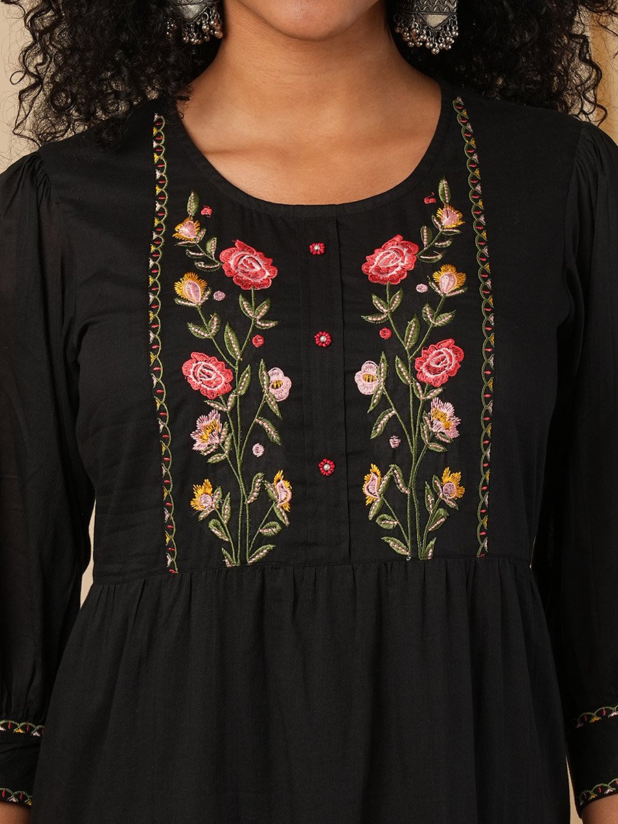 Black Embroidered Yoke Fusion Knee Length Dress