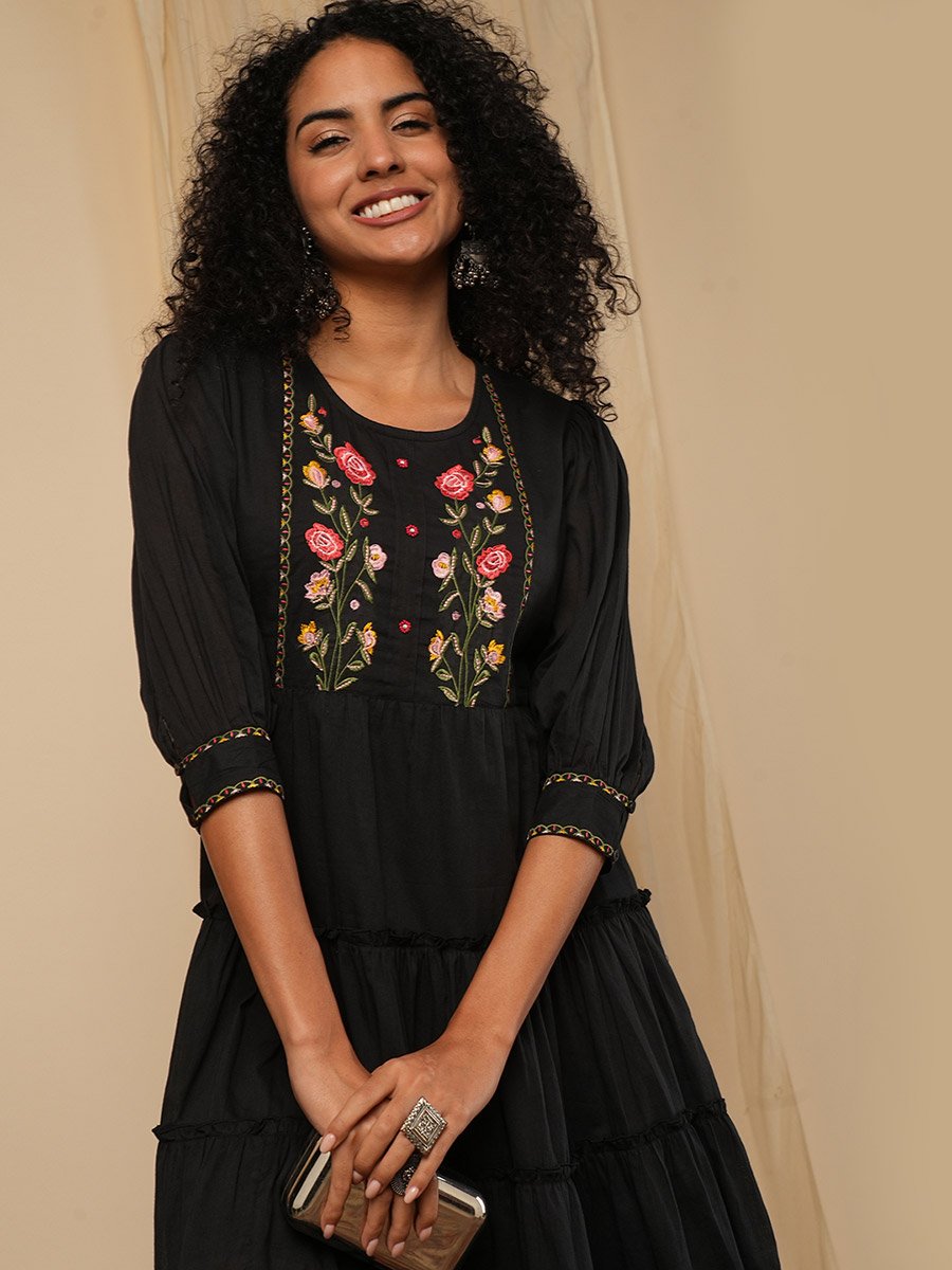 Black Embroidered Yoke Fusion Knee Length Dress