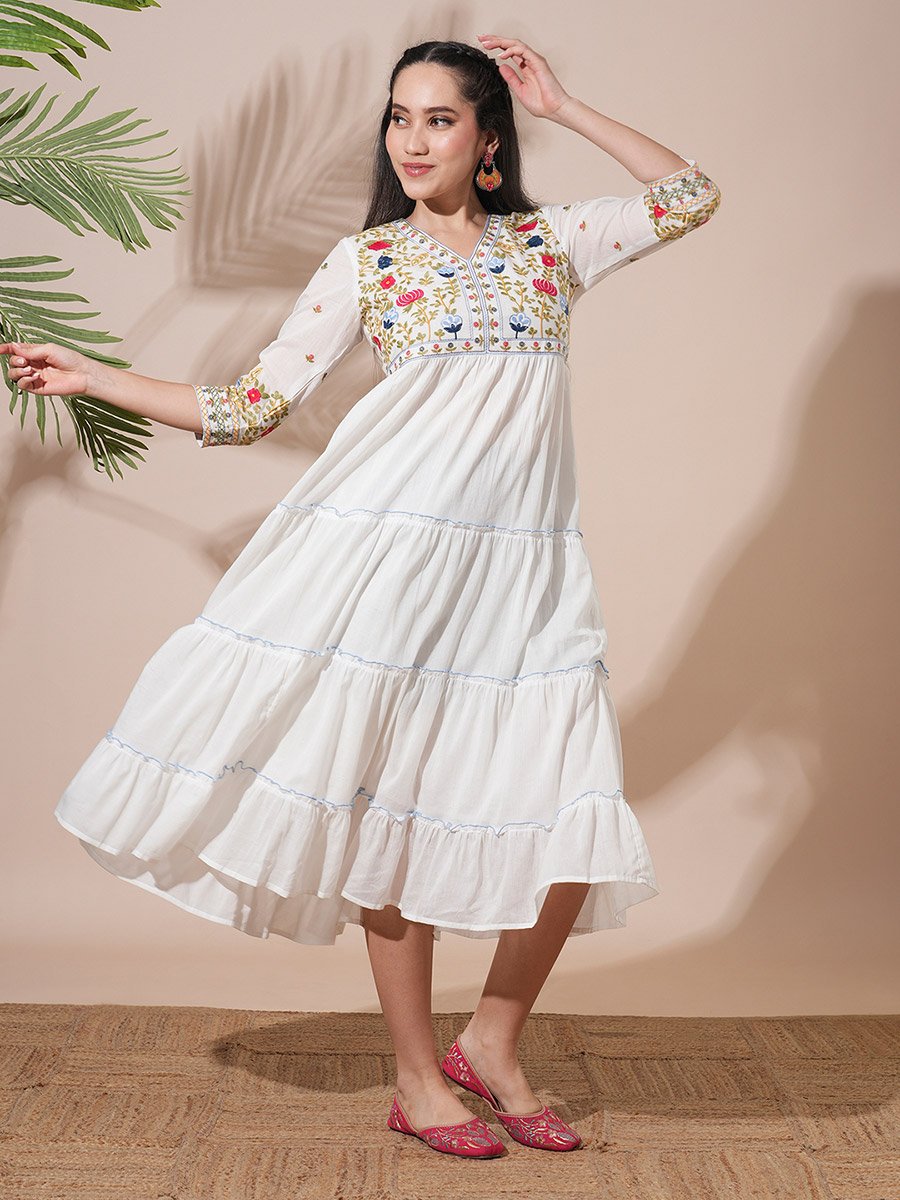 embroidered yoke midi dress Women's White Yoke Embroidered Poplin Midi Dress main image 0