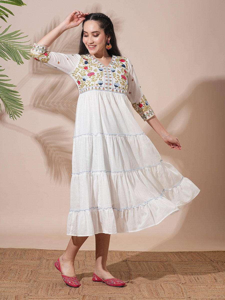 sachin and babi light blue dress Cotton Embroidered Yoke Designed Women's Knee Length Dress