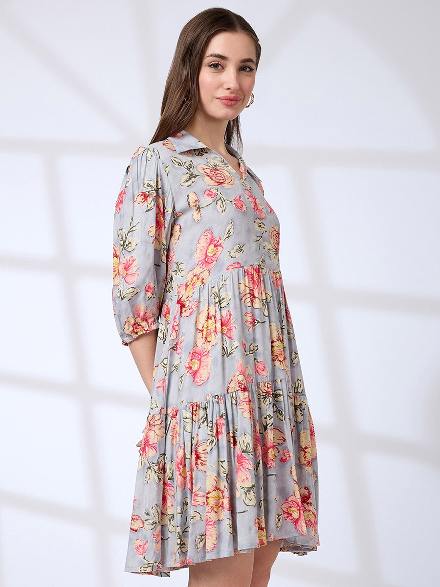 Blue Floral Print Fusion Knee Length Dress