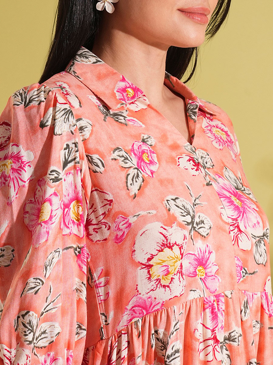 Coral Floral Print Fusion Knee Length Dress