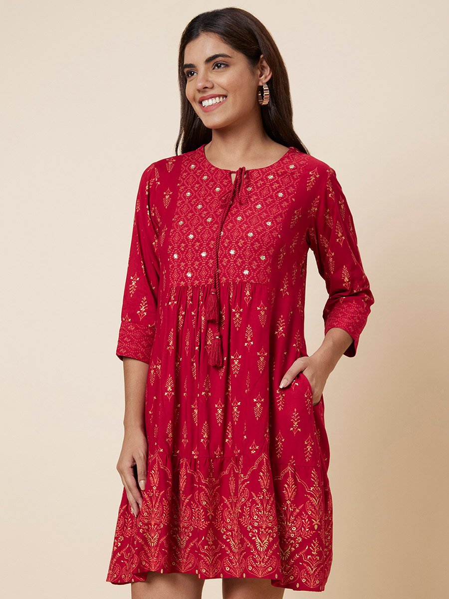 Red Sequin Printed Mini Dress