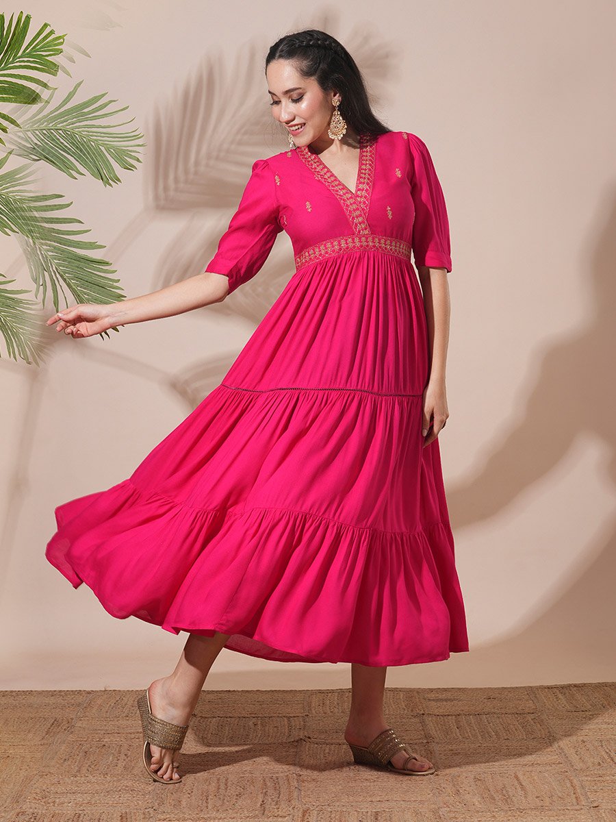 Pink Embroidered V Neck Tiered Midi Festive Dress