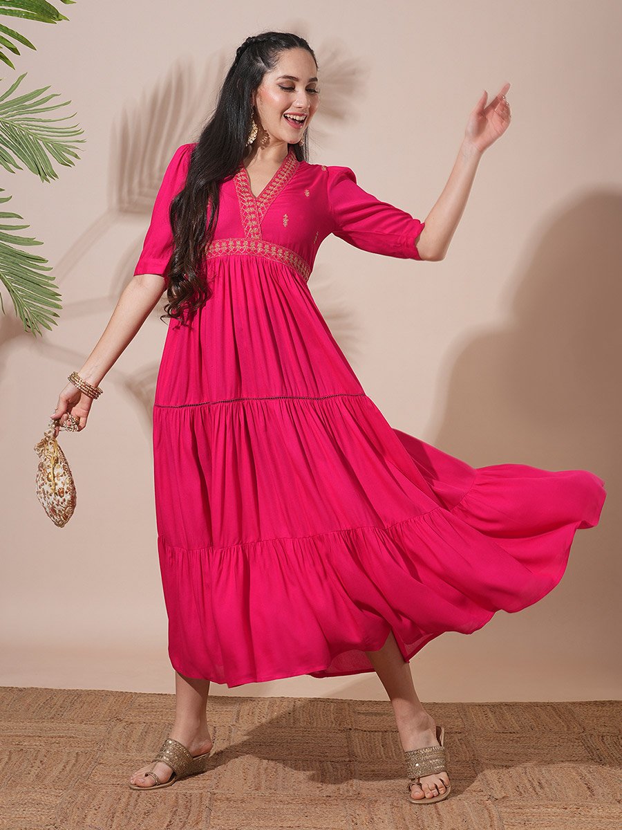 Pink Embroidered V Neck Tiered Midi Festive Dress