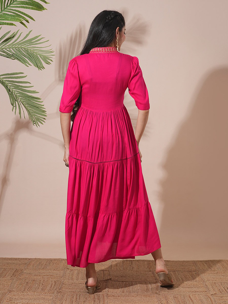 Pink Embroidered V Neck Tiered Midi Festive Dress