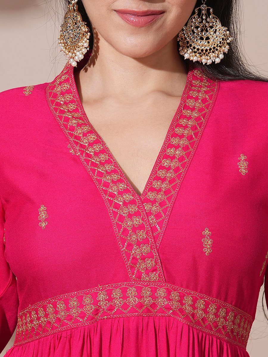 Pink Embroidered V Neck Tiered Midi Festive Dress