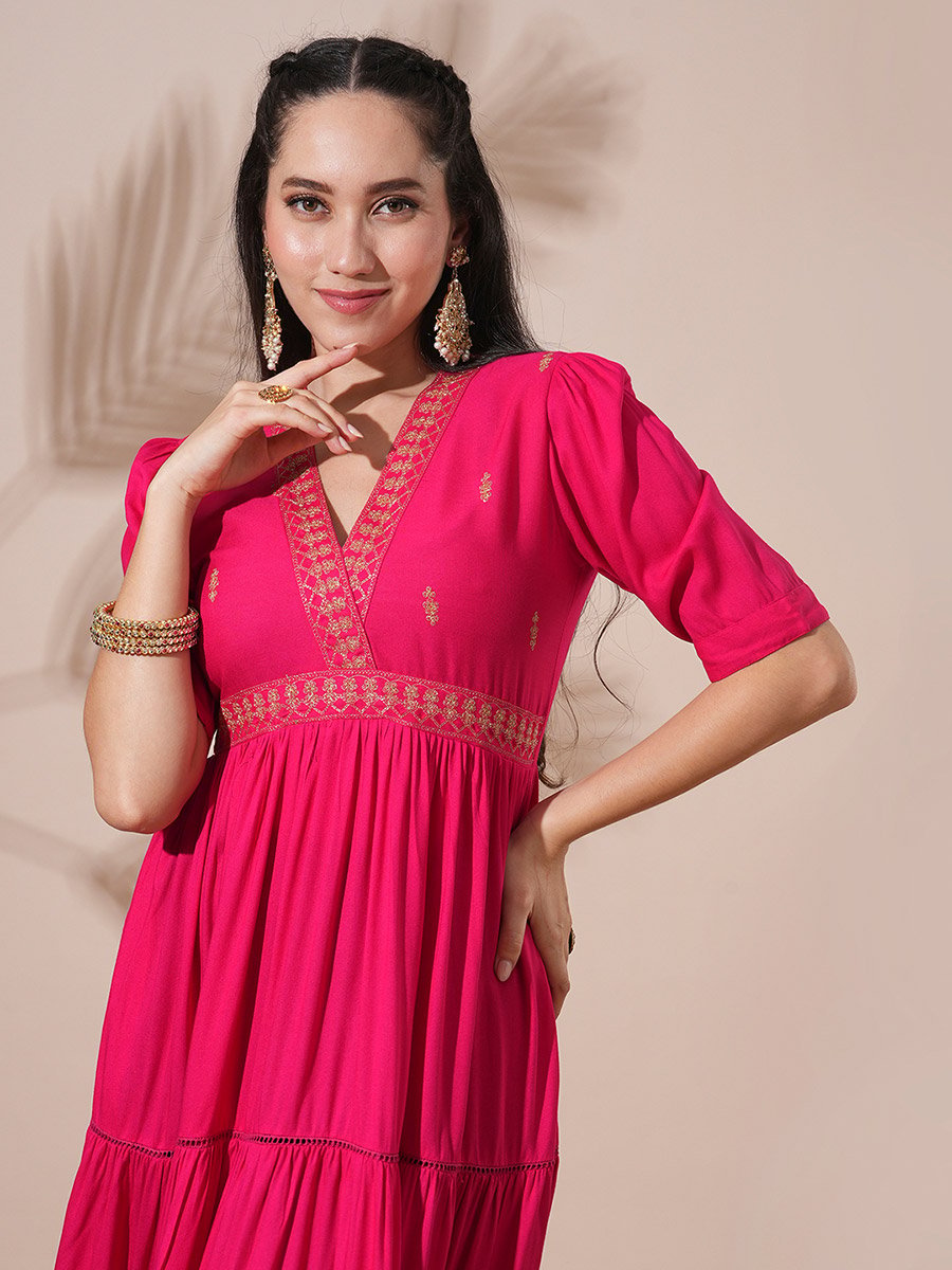 Pink Embroidered V Neck Tiered Midi Festive Dress