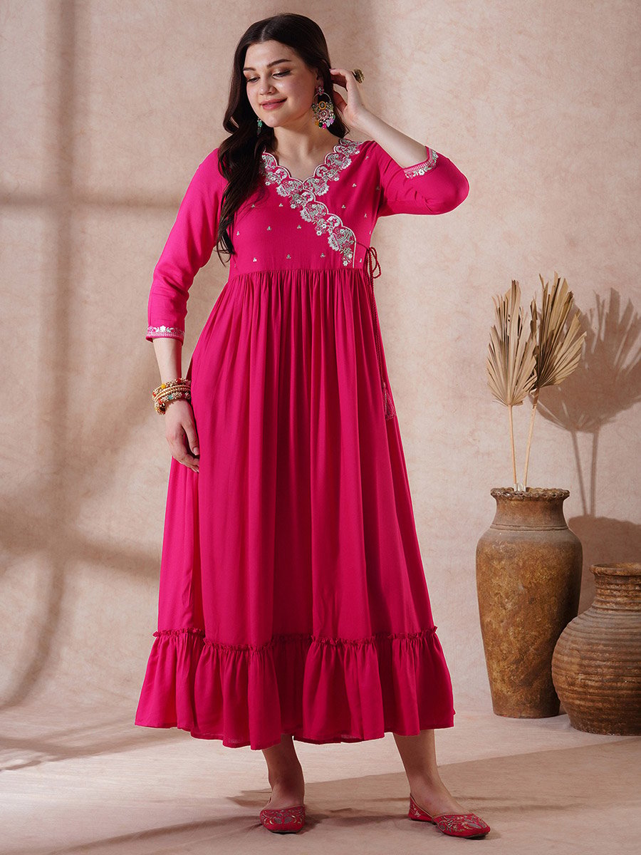 Pink Embroidered Scalloped Festive Maxi Dress