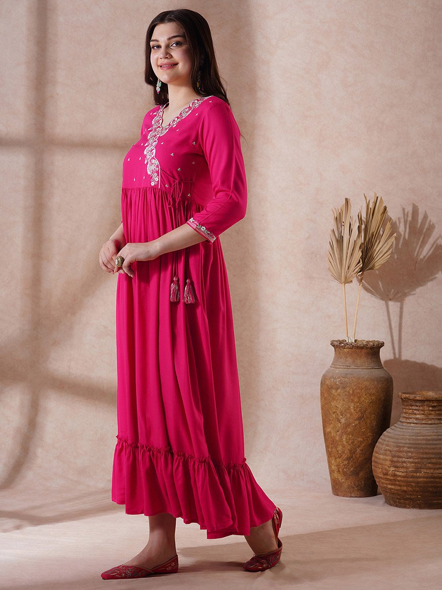 Pink Embroidered Scalloped Festive Maxi Dress