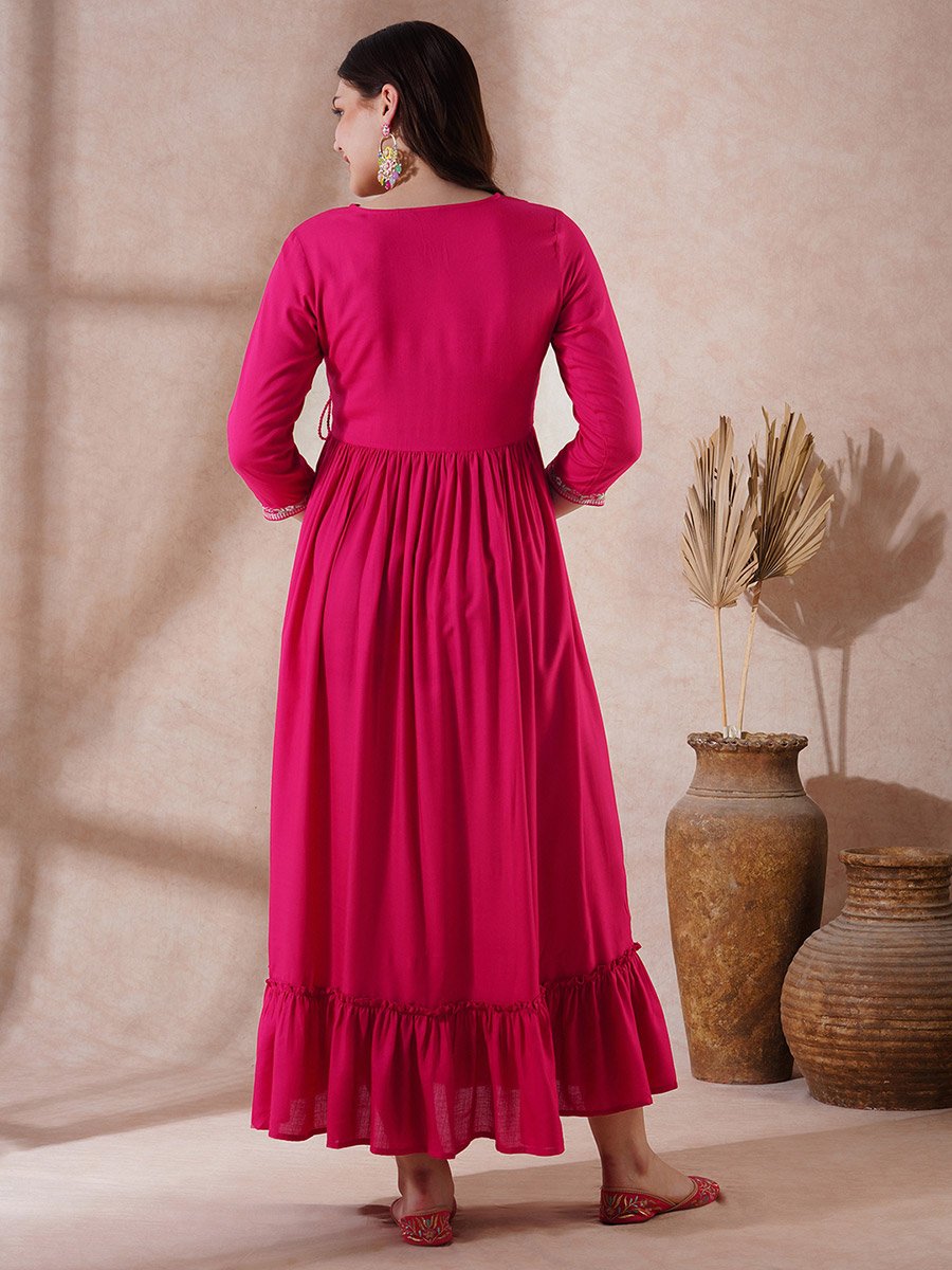 Pink Embroidered Scalloped Festive Maxi Dress