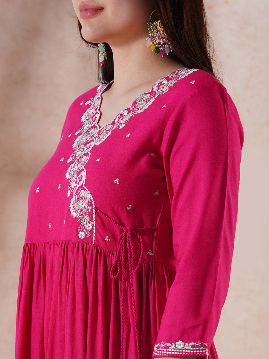 Pink Embroidered Scalloped Festive Maxi Dress