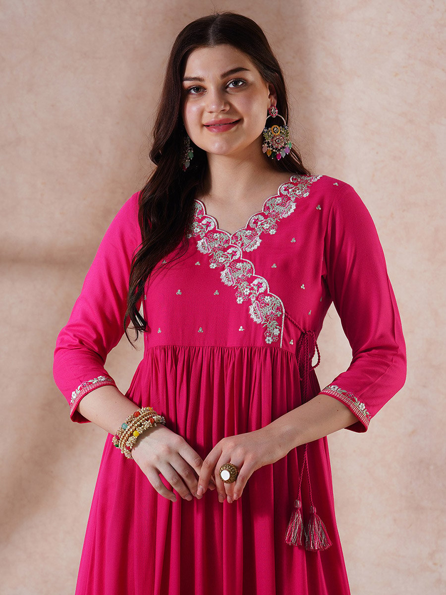 Pink Embroidered Scalloped Festive Maxi Dress