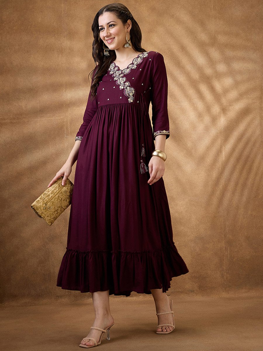 Purple Embroidered V Neck Midi Festive Dress For Women at Bahrain | Styli