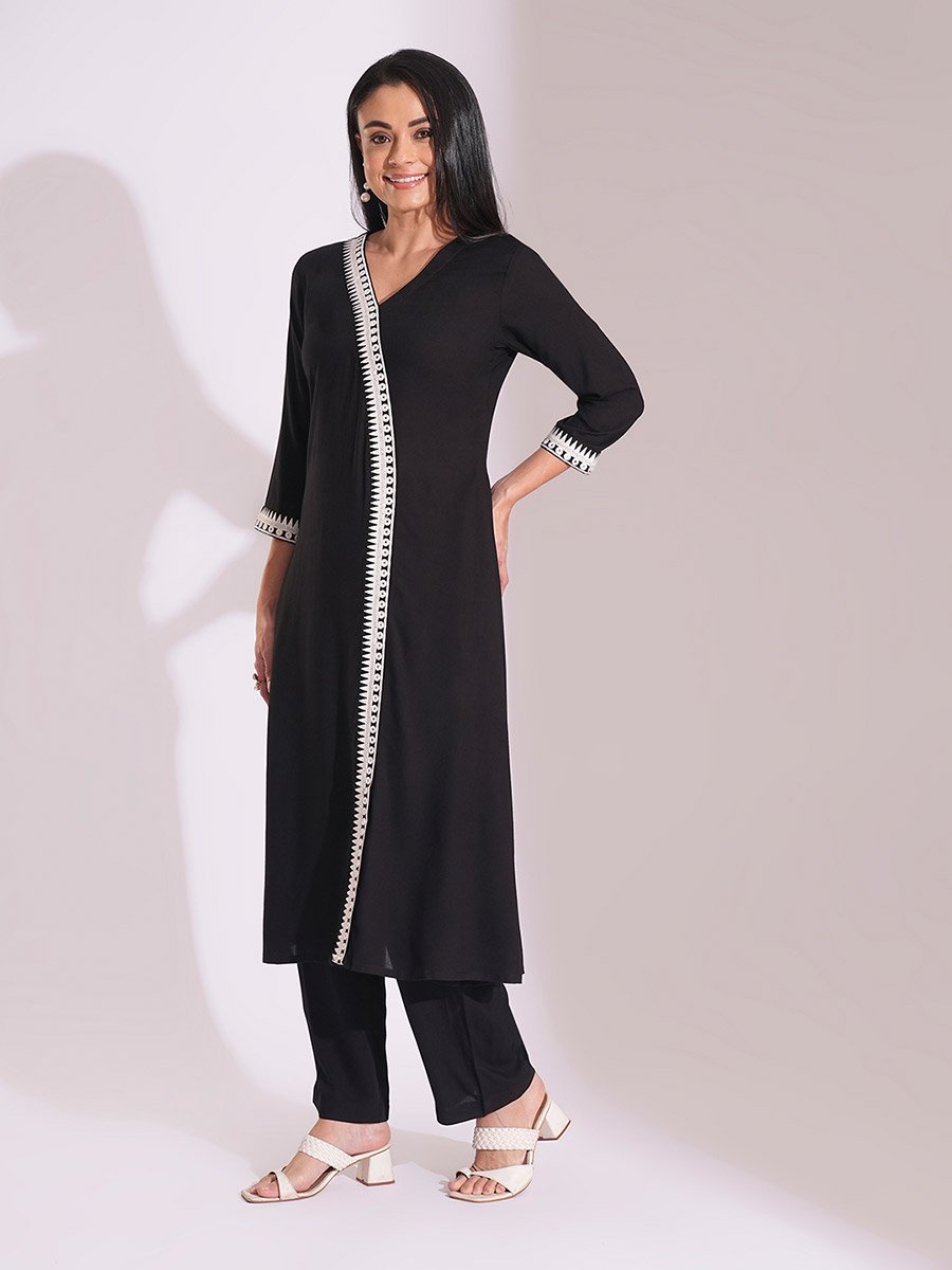 Black Embroidered Detail A-Line Kurta and Pants Workwear Set