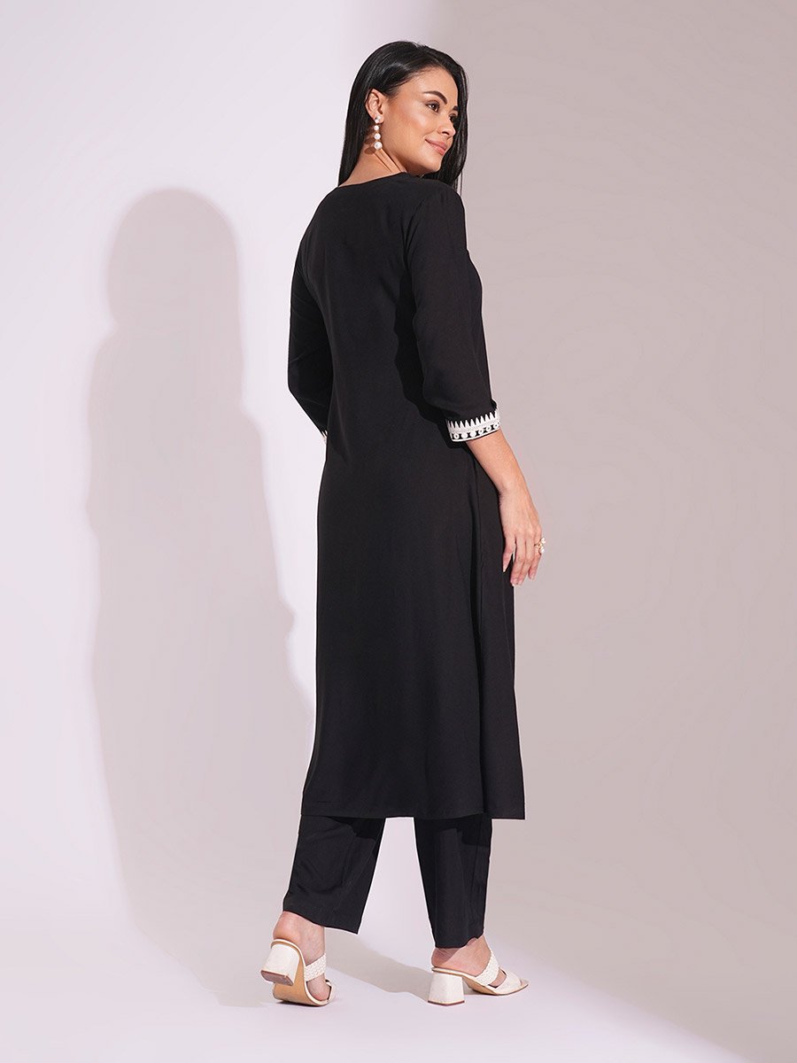 Black Embroidered Detail A-Line Kurta and Pants Workwear Set