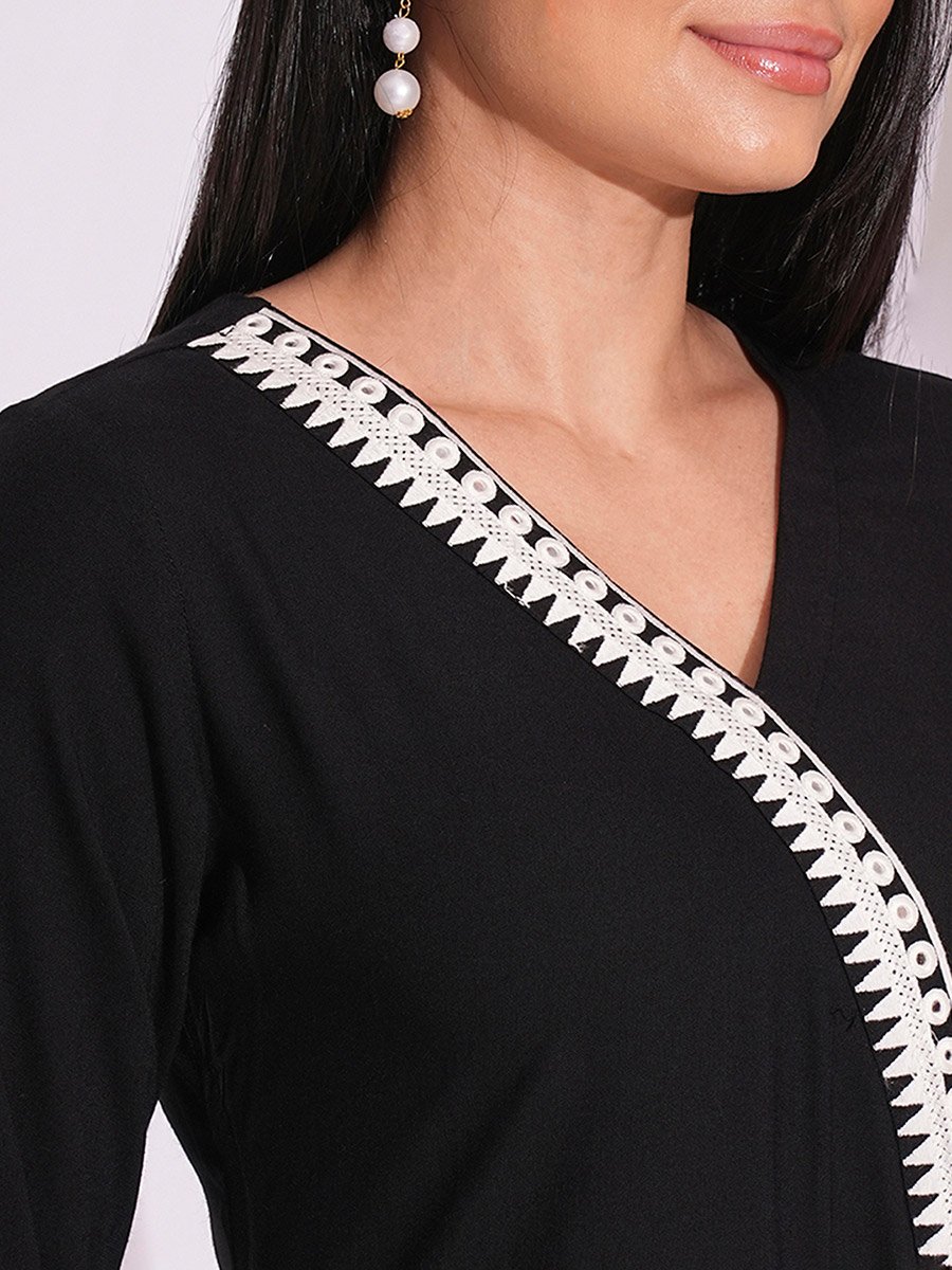 Black Embroidered Detail A-Line Kurta and Pants Workwear Set