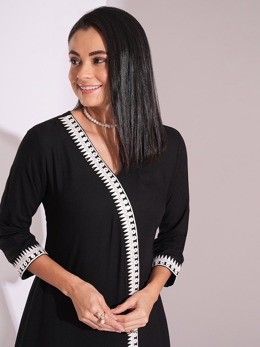 Black Embroidered Detail A-Line Kurta and Pants Workwear Set