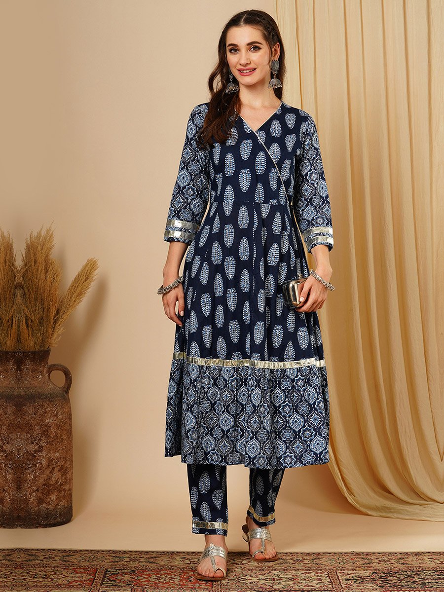 Blue Ethnic Motif Wrap Kurta and Straight Trousers Festive Set