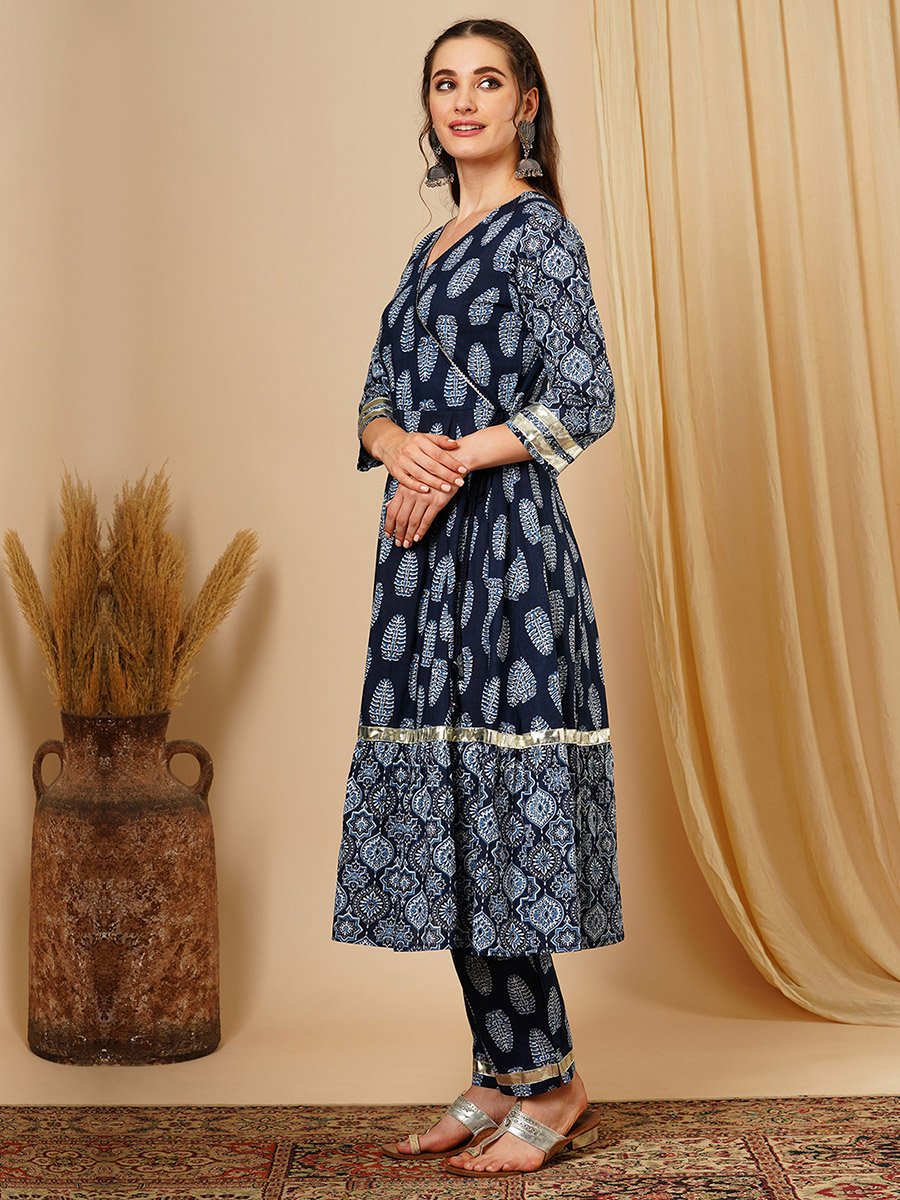 Blue Ethnic Motif Wrap Kurta and Straight Trousers Festive Set