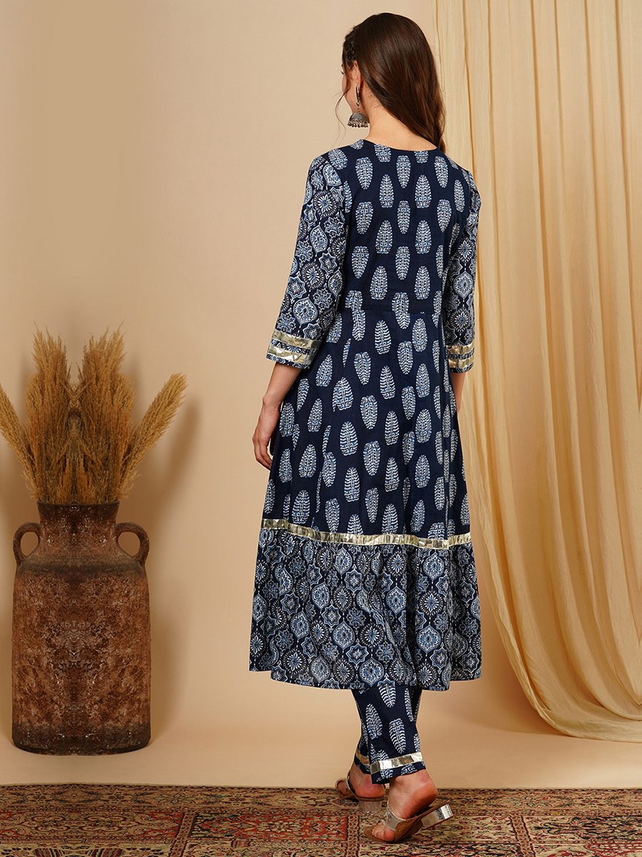Blue Ethnic Motif Wrap Kurta and Straight Trousers Festive Set