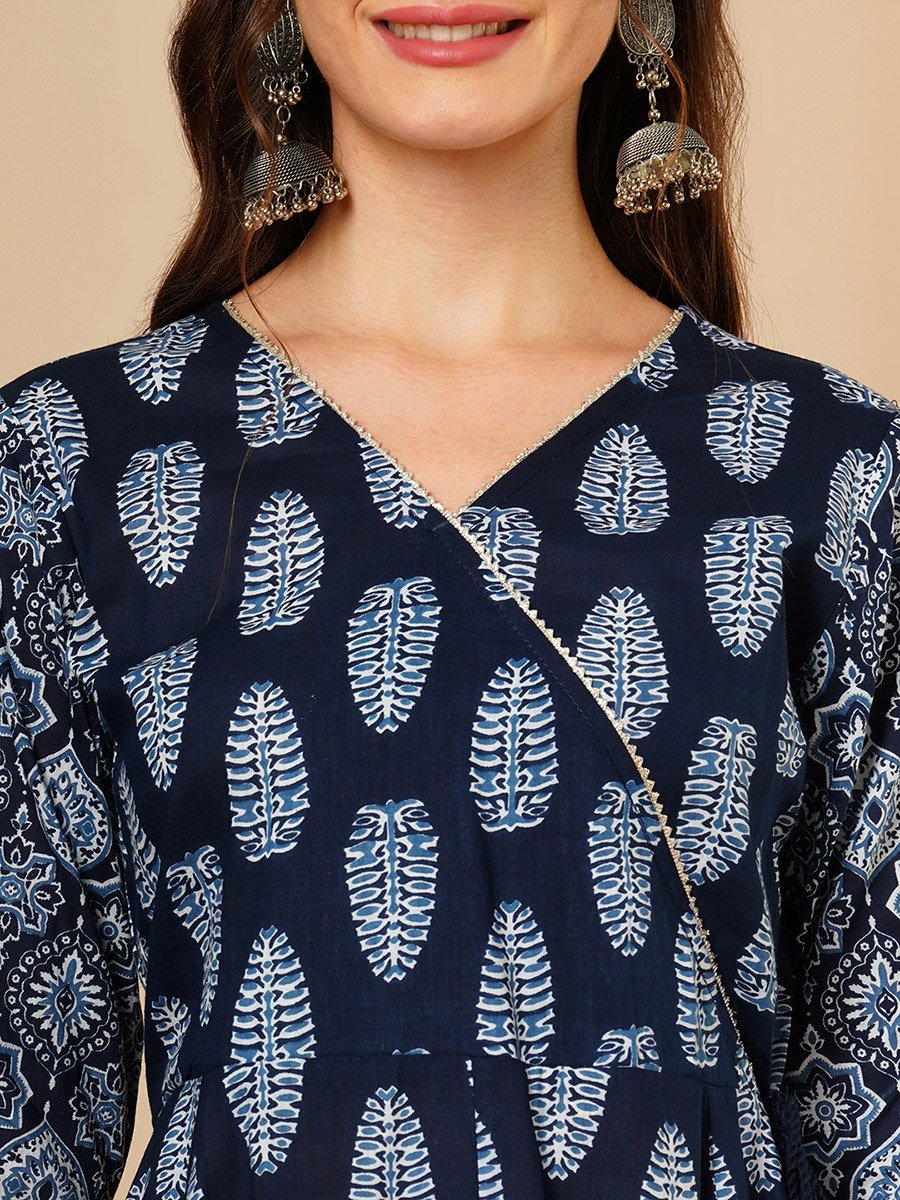 Blue Ethnic Motif Wrap Kurta and Straight Trousers Festive Set