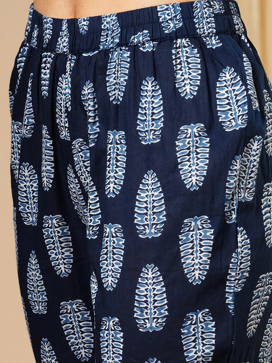 Blue Ethnic Motif Wrap Kurta and Straight Trousers Festive Set