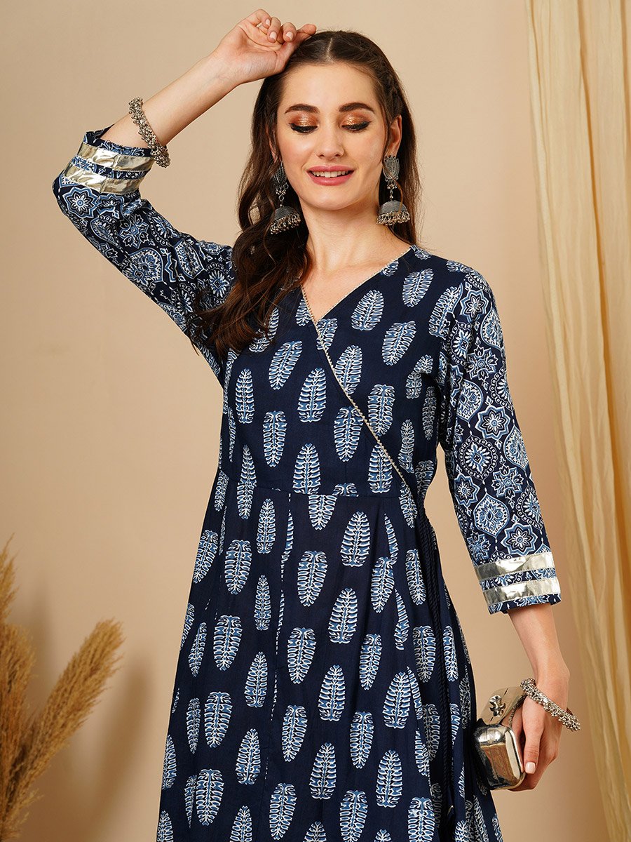 Blue Ethnic Motif Wrap Kurta and Straight Trousers Festive Set